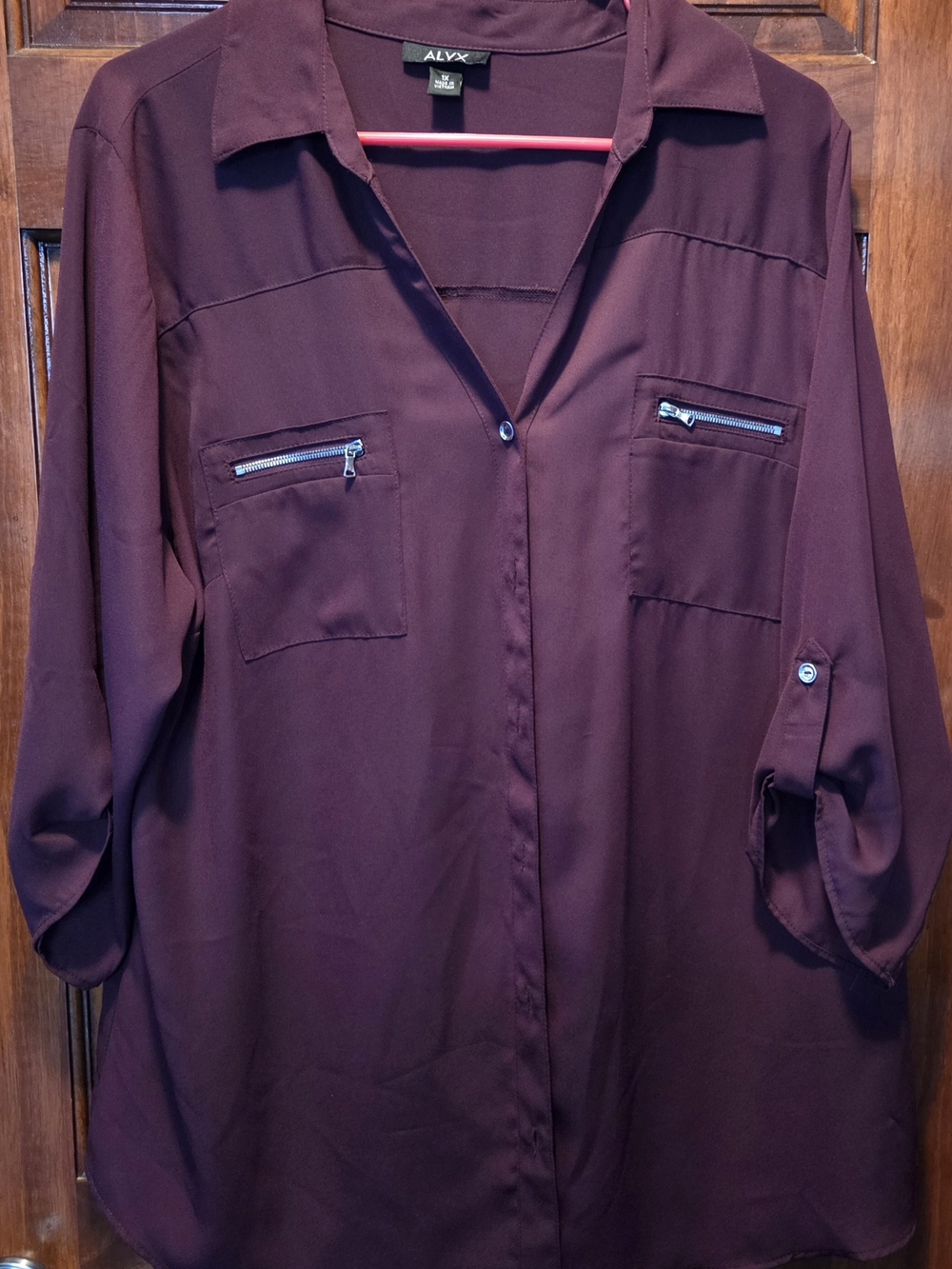 Alyx Plum Button-Front Zip-Pocket Blouse